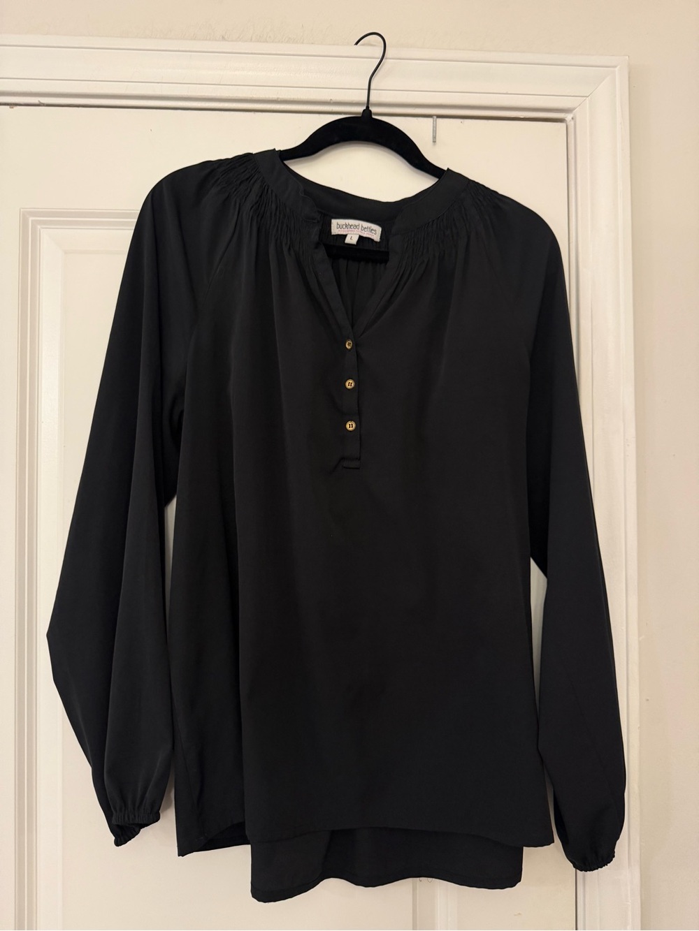 Black Smocked-Neck Henley Blouse - Black by buckhead betties